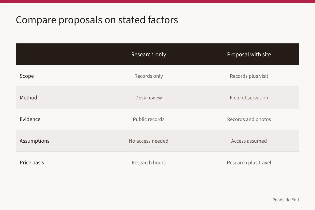 Comparison table of scope, method, evidence, deliverables, schedule, and price factors (Roadside design studio selection: how to compare providers before you commit)