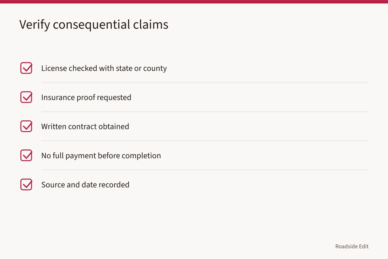Checklist for verifying license, insurance, contract, payment, and record dates (Roadside design studio selection: how to compare providers before you commit)