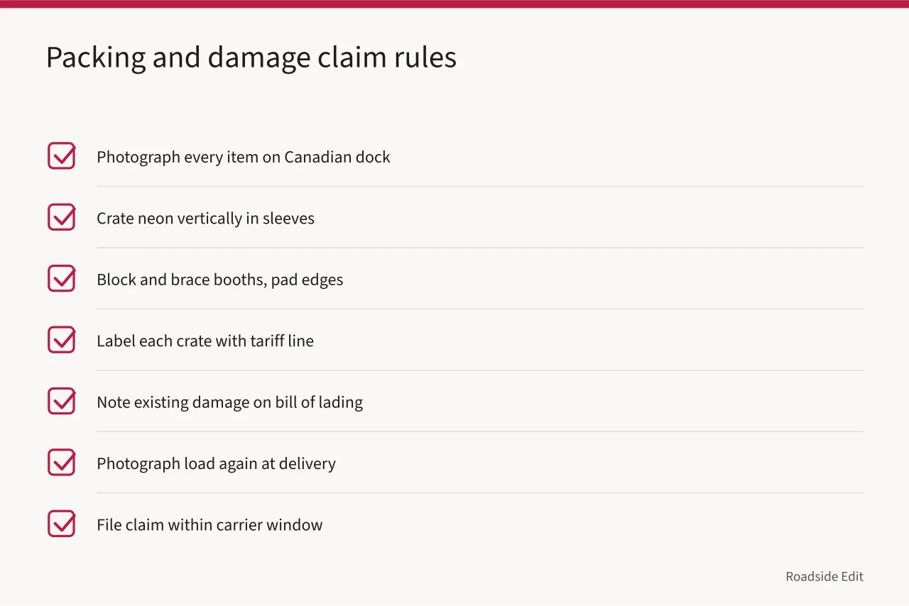 Checklist of packing and documentation steps to protect damage claims (What paperwork moves diner booths and neon parts from Canada into the US?)