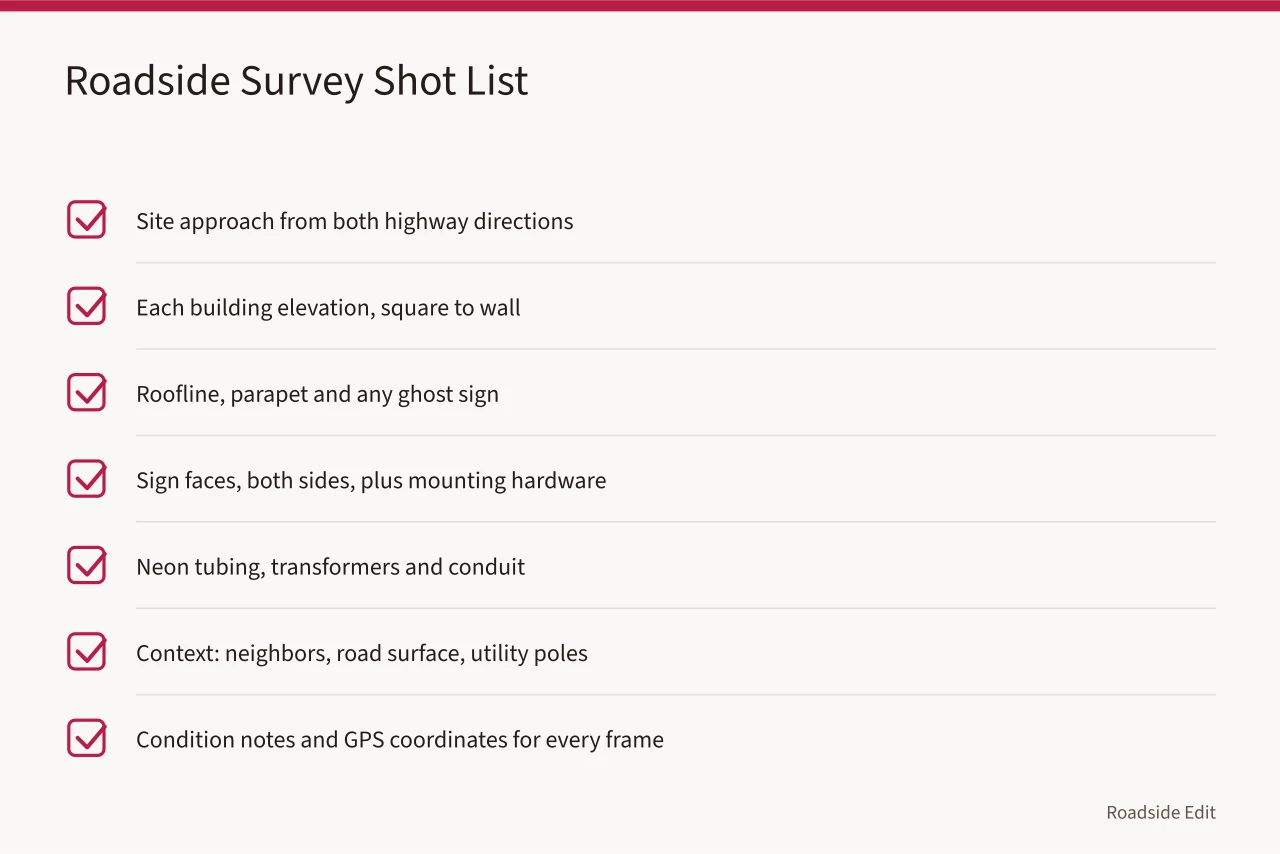 Checklist of required shots for motels, gas stations and neon (Sun, monsoon and tribal protocols for Arizona and New Mexico roadside documentation)