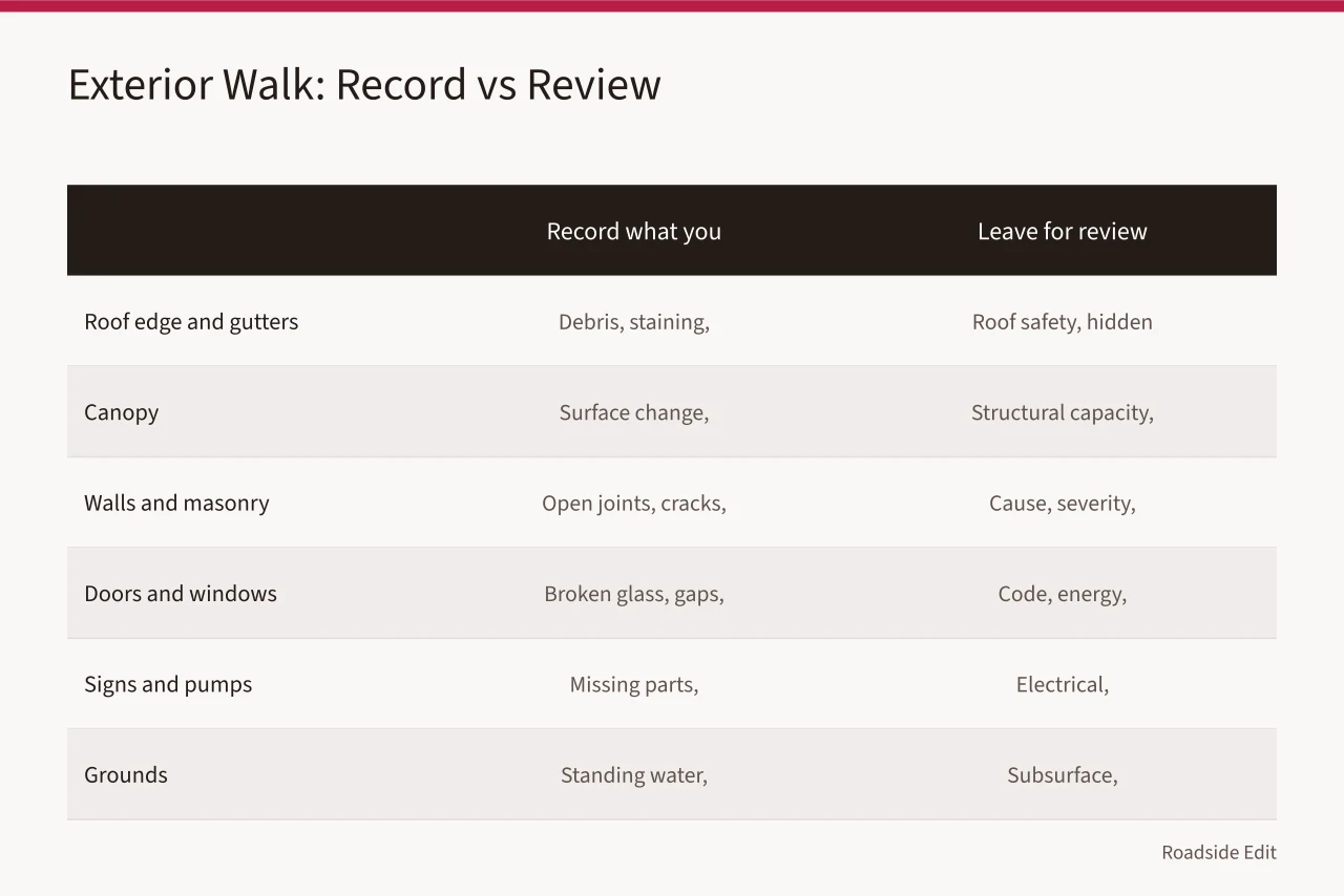 Comparison table of exterior areas: what to record versus what to leave for review (Gas station preservation maintenance plan: how to build a 2027 visit record)