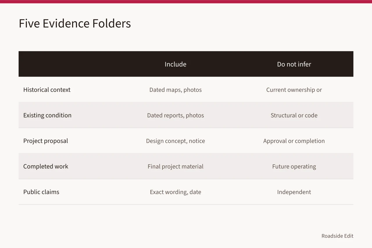 Table of five evidence folders with what to include and not infer (How to build a gas station preservation case study method with dated evidence)
