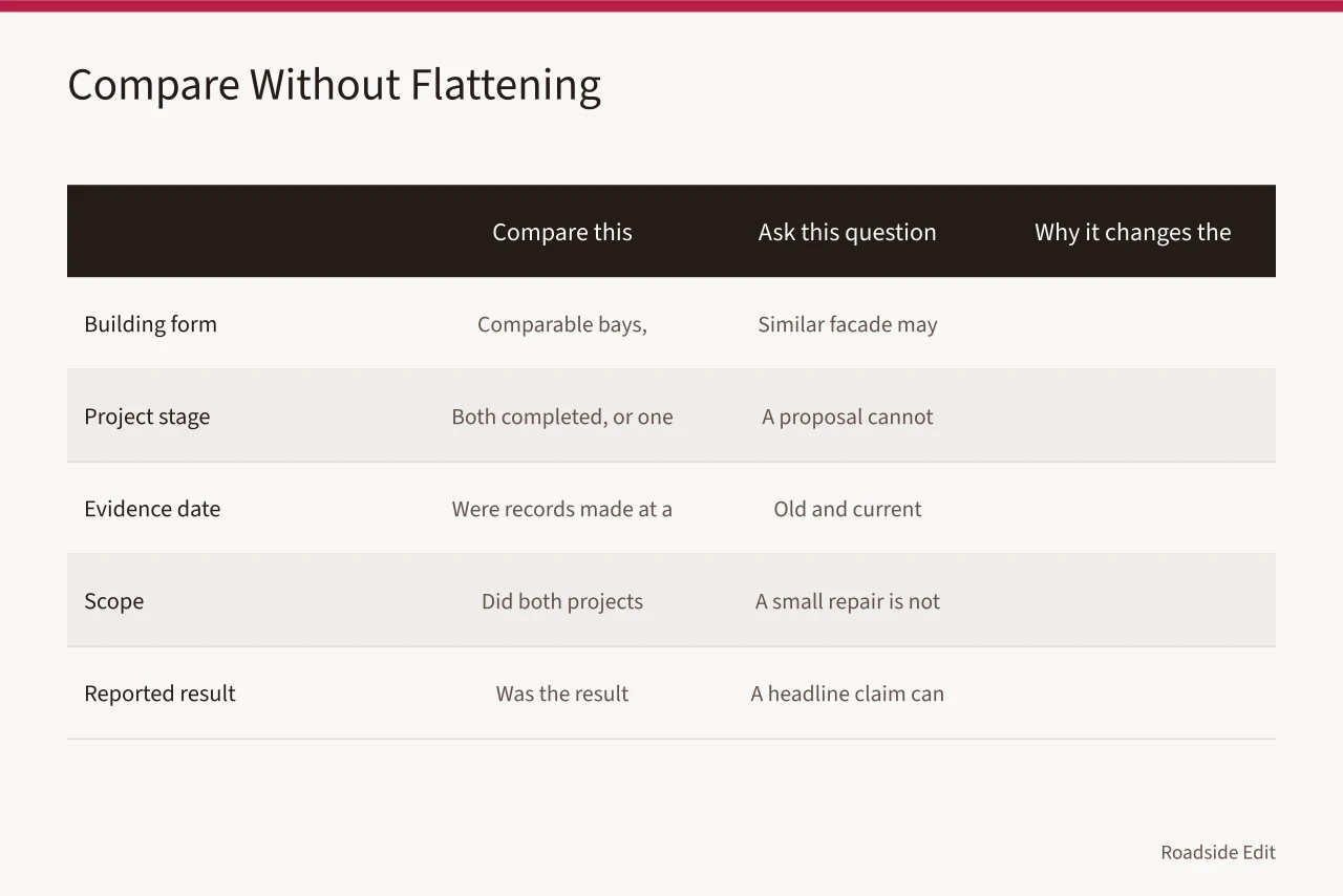 Comparison table of five criteria for evaluating former gas station case studies (How to ask better case study questions about former gas stations in 2027)