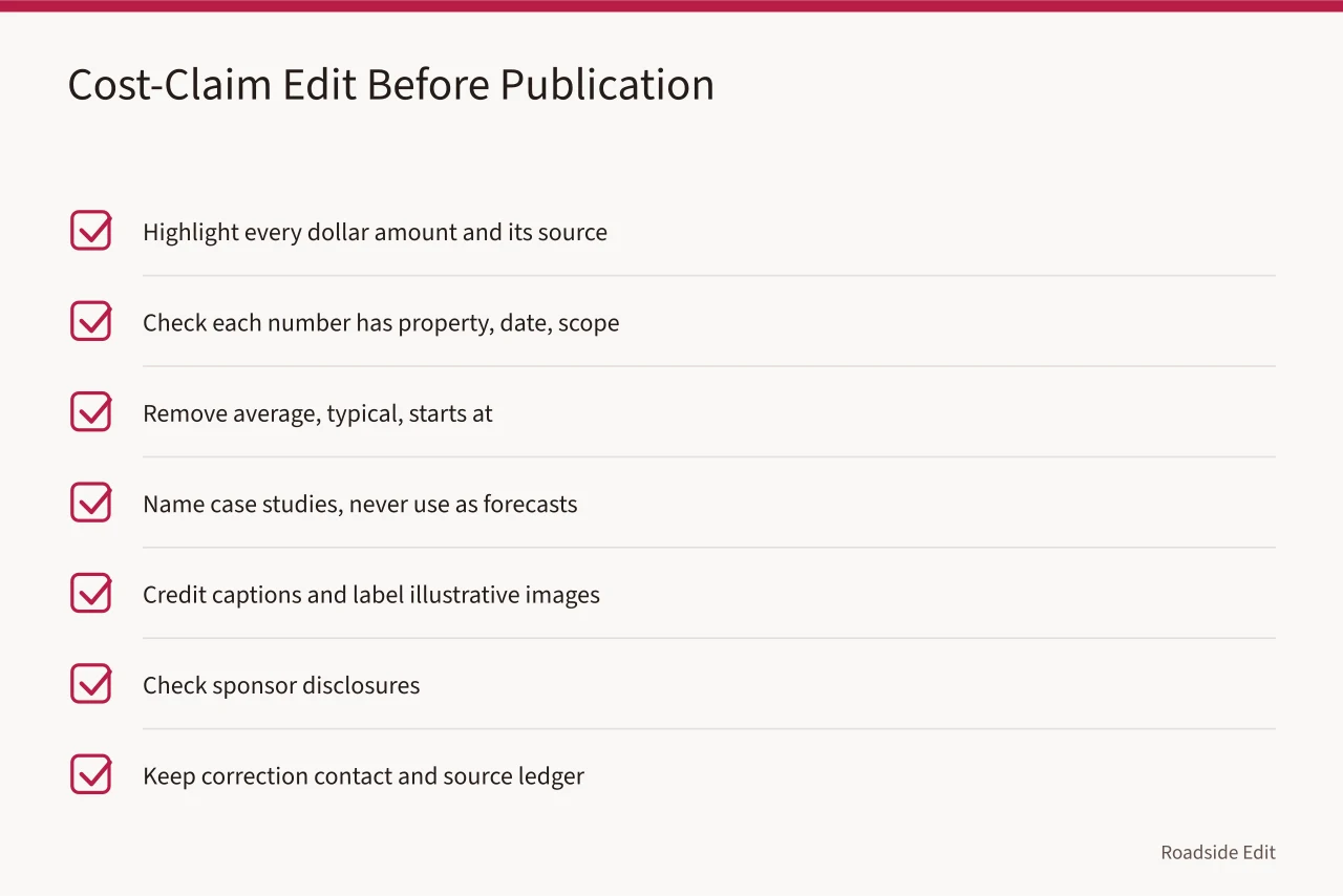 Seven-step pre-publication checklist for editing cost claims (How gas station preservation cost planning works before you share a 2027 figure)