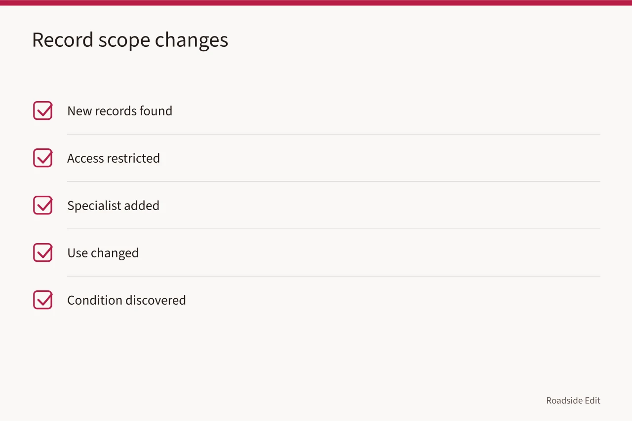 Checklist of triggers for recording a dated scope change note (Gas station preservation provider selection: budget notes before you approve 2027 work)
