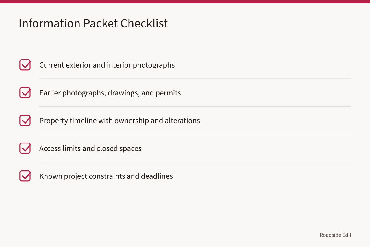 Checklist of five items for a gas station preservation information packet (Gas station preservation provider selection: build a scope checklist before you hire)