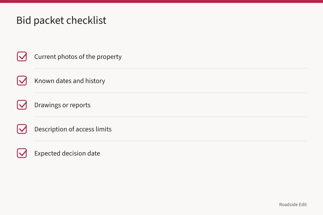 Checklist of five items to send each candidate before comparing bids (Gas station preservation provider questions to ask before you compare bids)