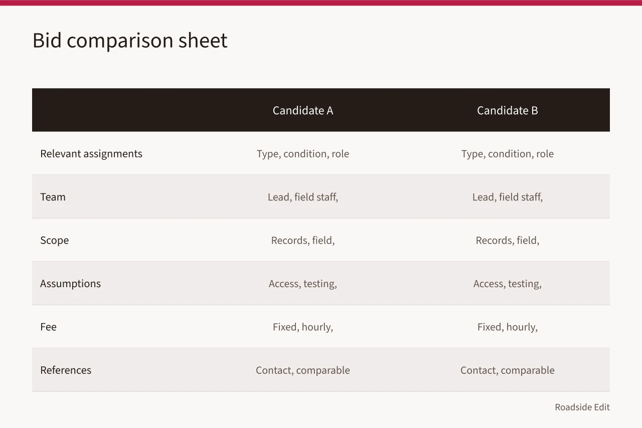 Two-column comparison sheet for recording provider assignments, team, scope, assumptions, fee, and references (Gas station preservation provider questions to ask before you compare bids)