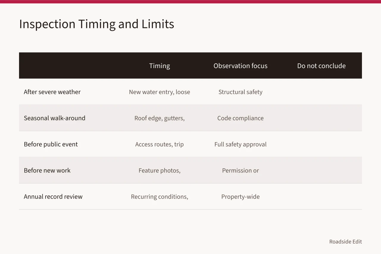 Comparison table of inspection timings, focus areas, and conclusions to avoid (How to build a 2027 gas station preservation maintenance plan that holds up)