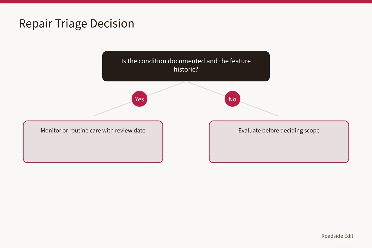 Decision flow for triaging repair versus replacement of historic station features (How to build a 2027 gas station preservation maintenance plan that holds up)
