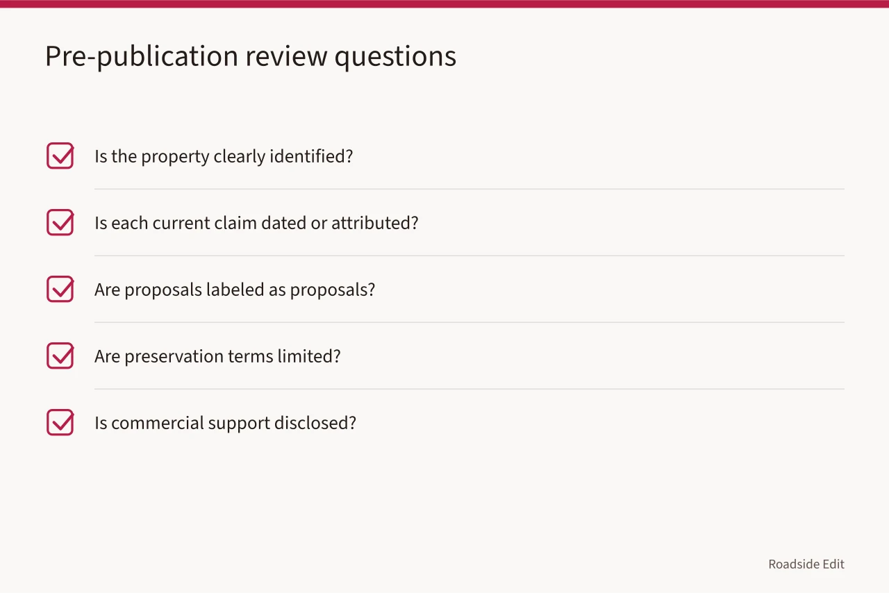 Checklist of five questions to answer before publishing a preservation article (Gas station preservation mistake prevention: a scope checklist before you publish)