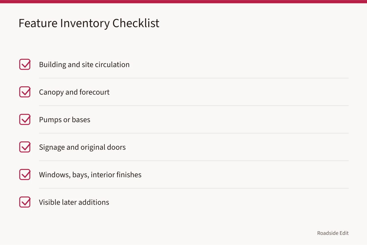 Checklist of gas station features to inventory before planning work (Gas station preservation options comparison: four paths before you commit)