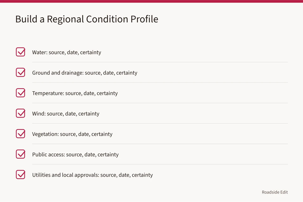 Checklist of regional condition categories with source, date, and certainty (Gas station preservation: regional adaptation questions to ask before 2027 plans)