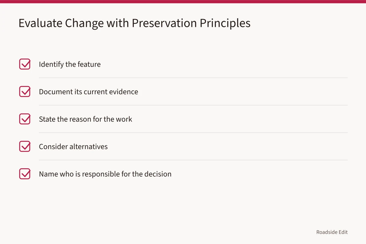 Checklist for evaluating proposed changes to a historic gas station (Gas station preservation: regional adaptation questions to ask before 2027 plans)