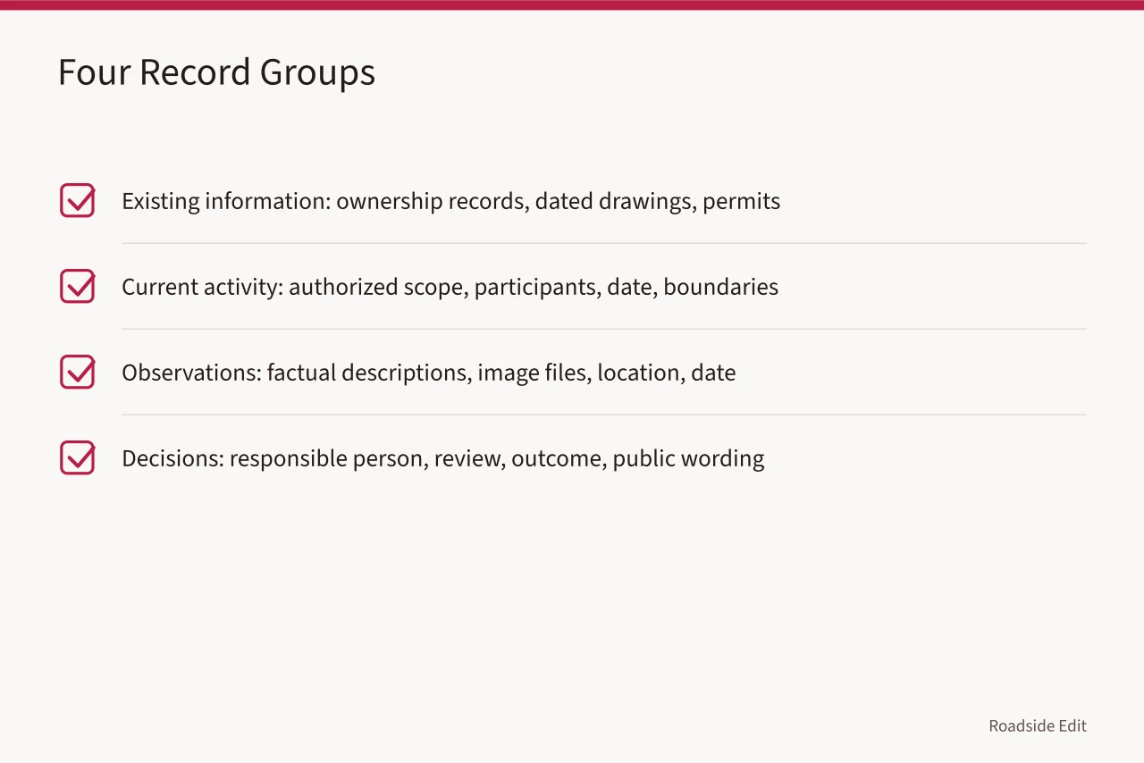 Checklist of four record groups for gas station preservation safety records (Gas station preservation safety records: how owners separate facts from open questions)