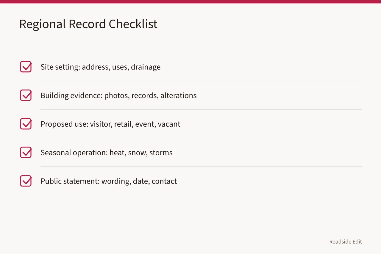 Checklist table of five regional record items for a gas station site (How a 2027 gas station preservation checklist handles regional scope)