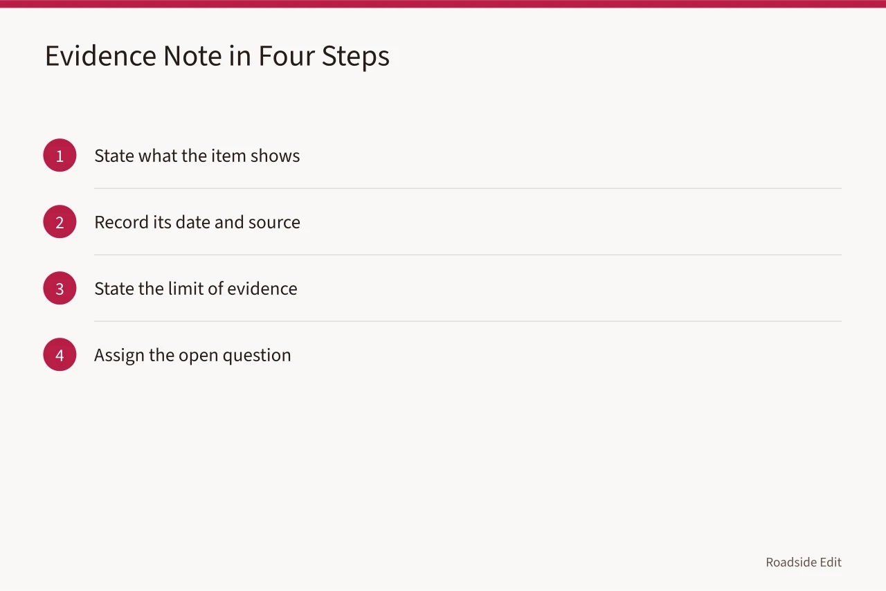 Four-step sequence for writing a short evidence note (How a 2027 gas station preservation checklist handles regional scope)
