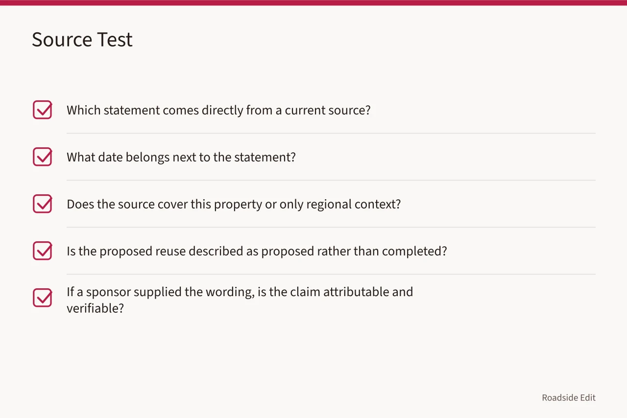 Checklist of five questions to test a source before using its claim (Gas station preservation questions to ask before a regional comparison)