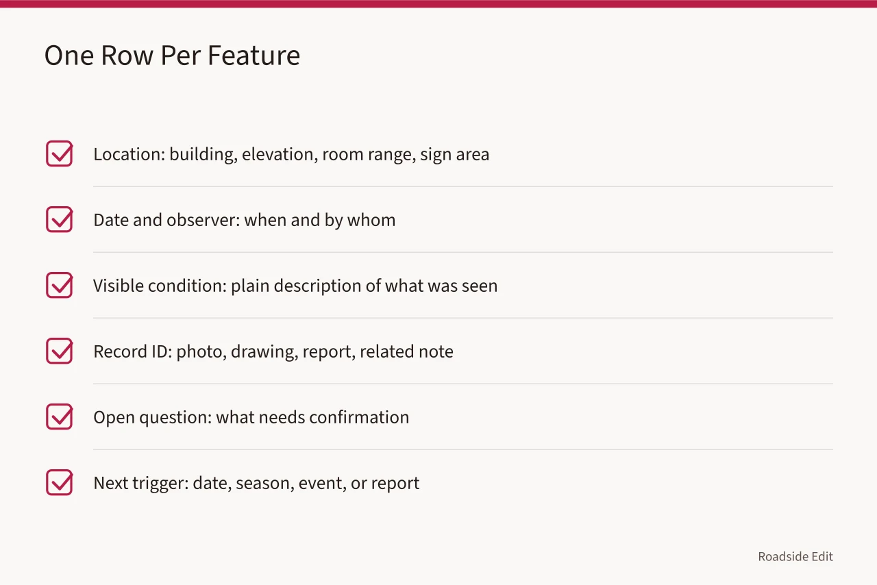 Checklist table with six fields for documenting motel features (How to build a historic motel maintenance checklist for 2027)