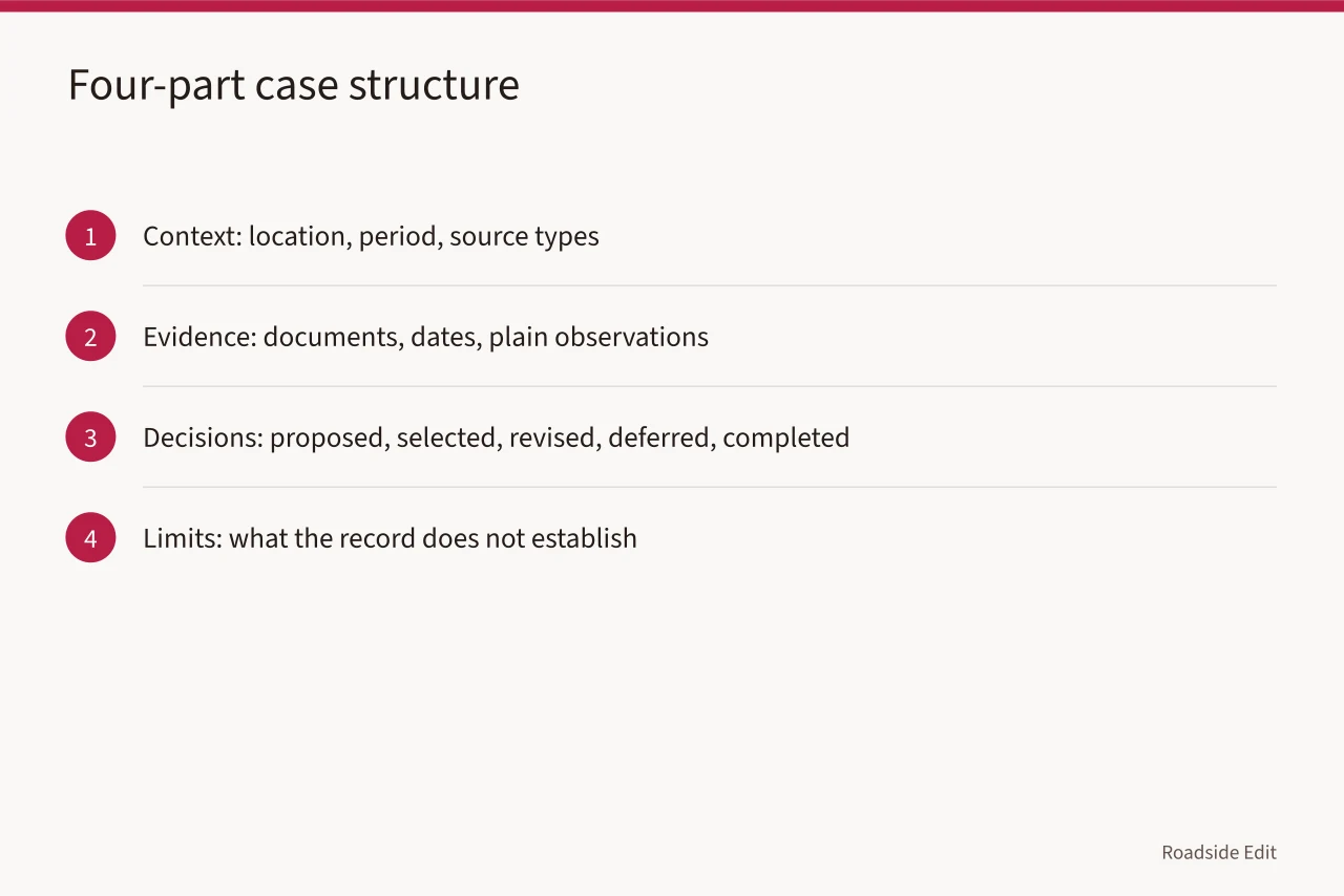 Four-step diagram of the case study structure (Historic motel restoration case study method: how to document a project honestly)