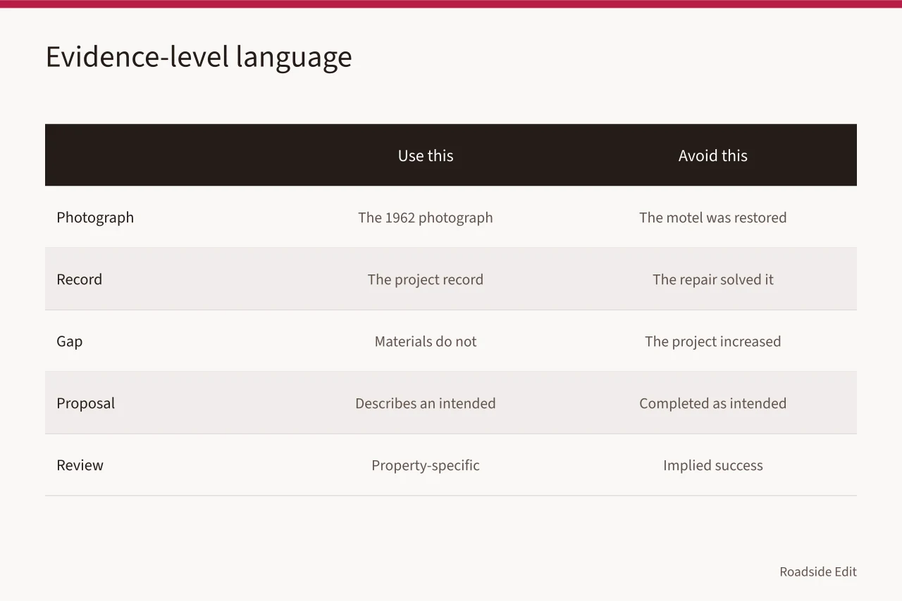 Comparison of evidence-level phrasing versus unsupported claims (Historic motel restoration case study method: how to document a project honestly)