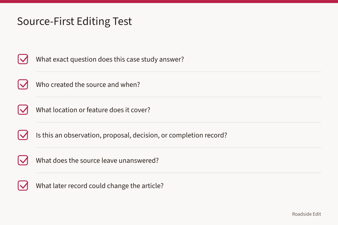 Checklist of six source-first questions for historic motel case studies (Historic motel restoration case study questions to ask before you write)
