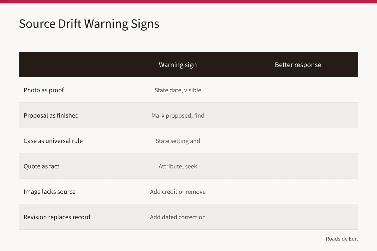 Table pairing six source-drift warning signs with their better editorial responses (Historic motel restoration case study warning signs to catch before 2027)