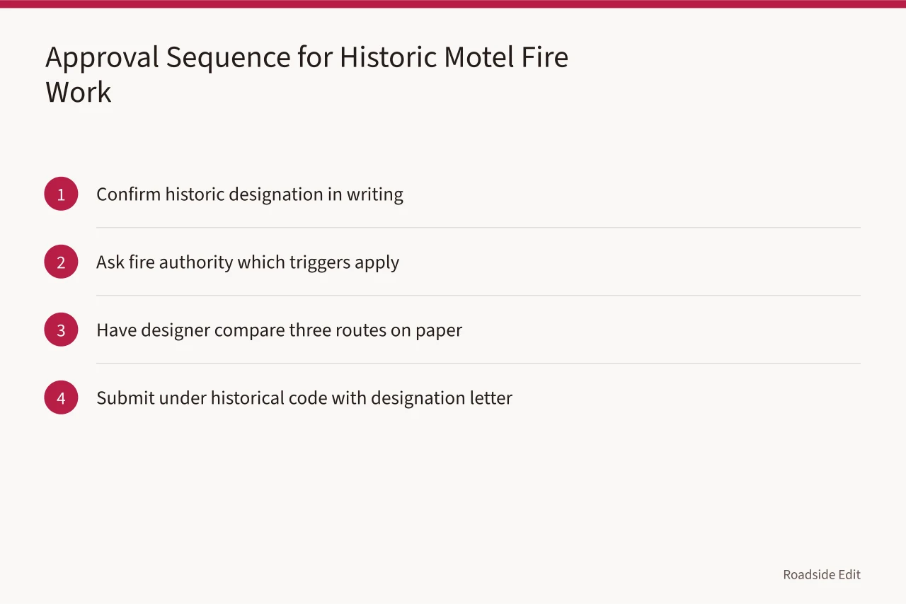 Four-step approval sequence for historic motel fire suppression submittals (Do Historic Motels Need Fire Suppression Upgrades in California?)