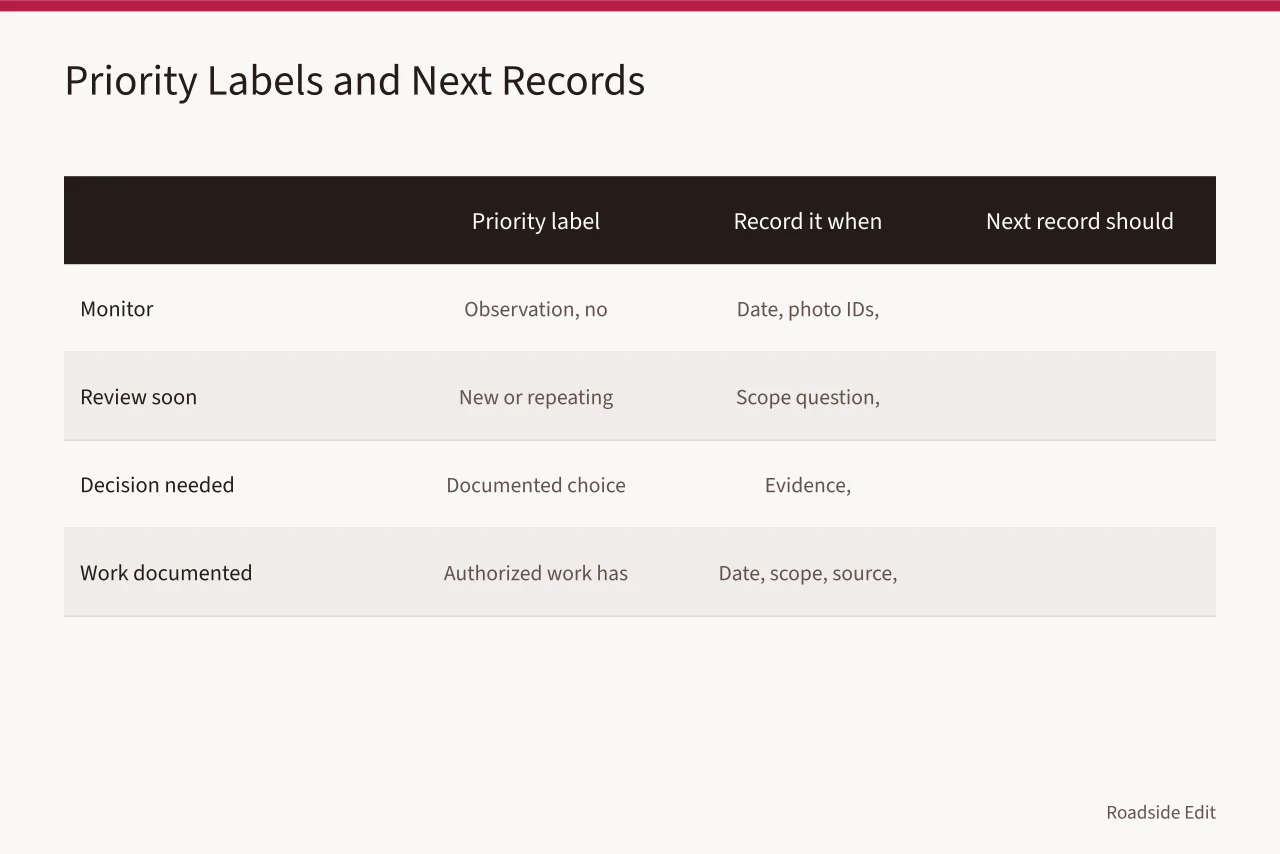 Table of priority labels with when to use them and what the next record needs (How to build a historic motel restoration maintenance plan owners can audit)