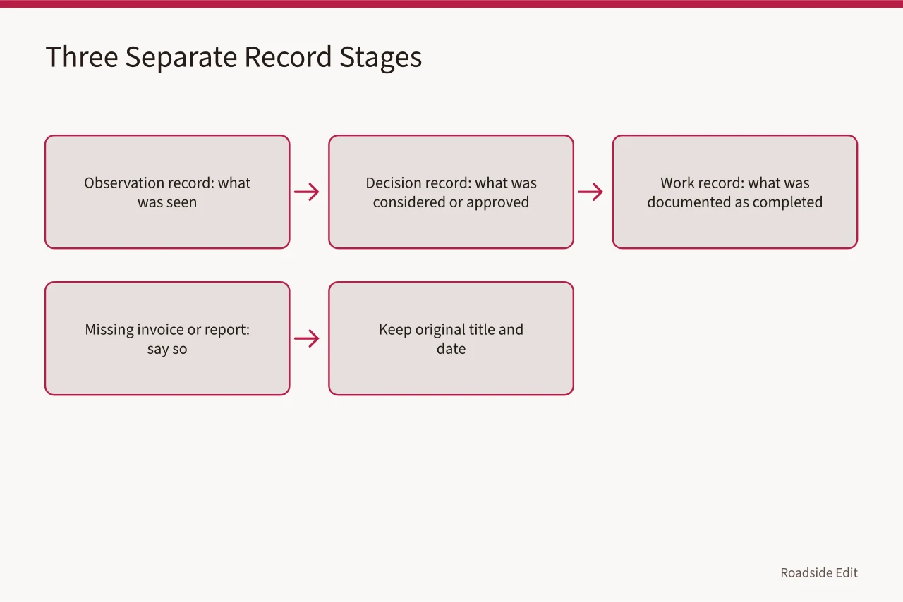 Comparison of observation, decision, and work records and what each one states (How to build a historic motel restoration maintenance plan owners can audit)