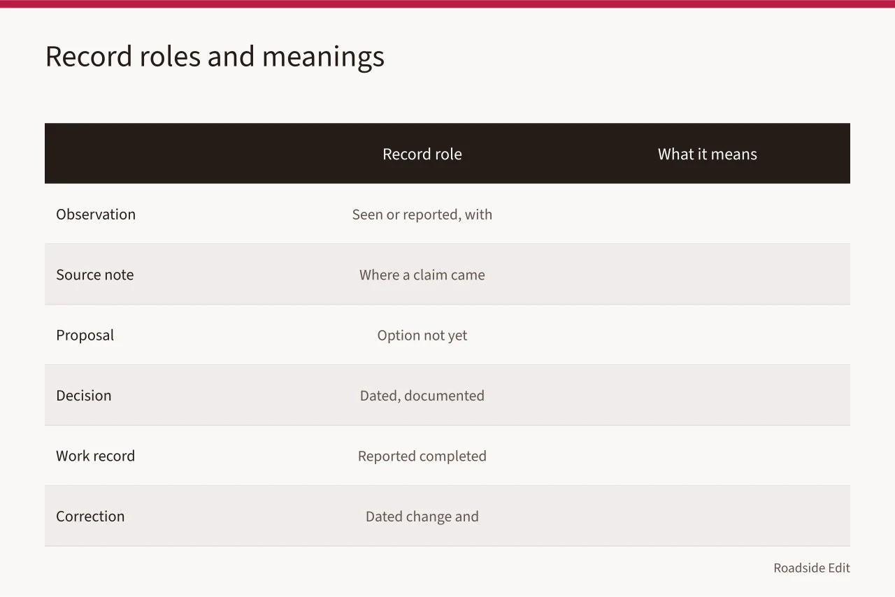 Table of six motel record roles and what each means (Historic motel restoration: how owners can keep mistake records straight in 2027)
