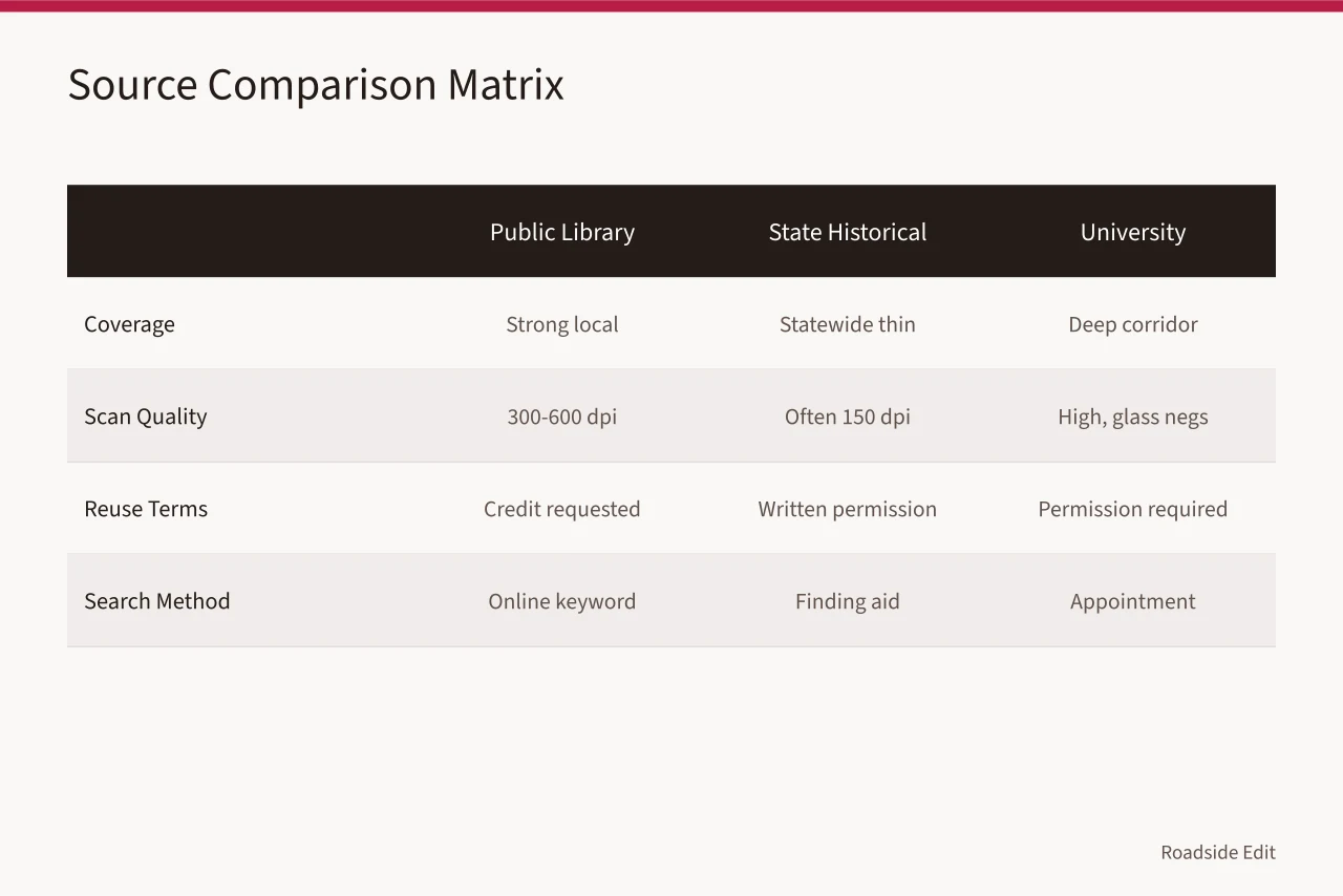 Comparison table of four postcard sources by coverage, scan quality, reuse terms, and search method (How to Research Historic Motel Postcards for Restoration Clues)