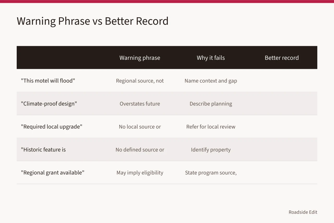 Table comparing five overreaching motel restoration warning phrases with safer records (How to spot warning signs in historic motel restoration claims for 2027)