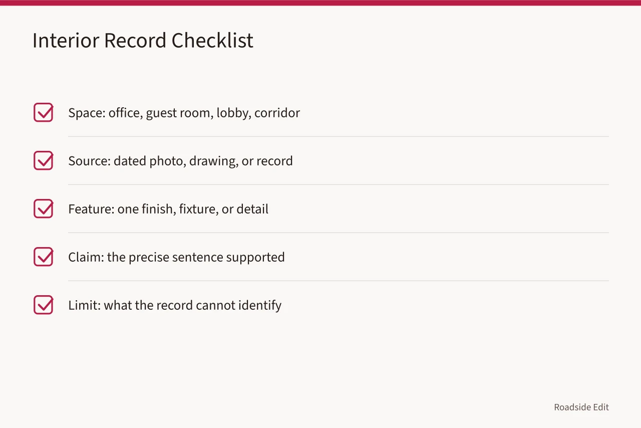 Checklist of five interior record items: space, source, feature, claim, limit (Historic motel restoration basics checklist for 2027: what to gather before work starts)