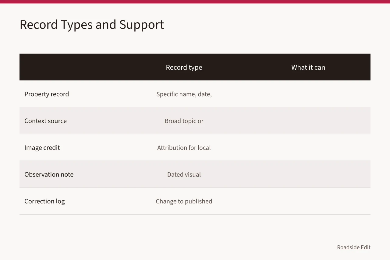 Table comparing record types with what each can support (How to keep historic motel restoration records straight for 2027)