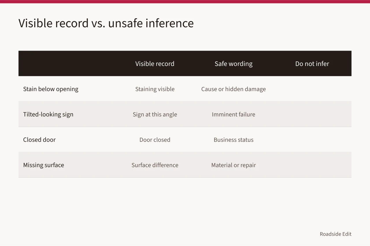 Comparison table of visible records, safe wording, and forbidden inferences (Historic motel restoration warning signs: what to record before you diagnose)