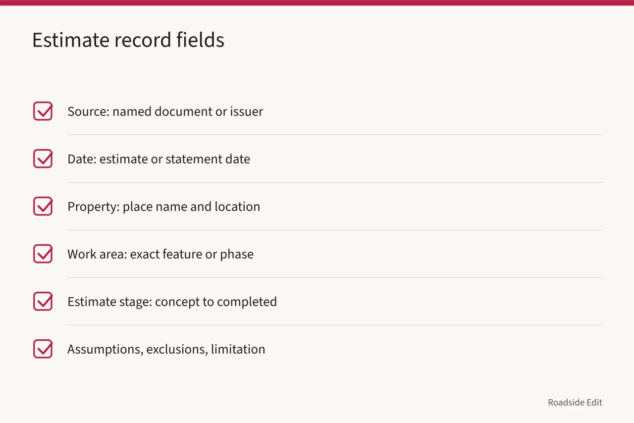 Checklist of eight fields for recording a restoration estimate's basis (Historic motel restoration cost checklist: what to verify before you compare a 2027 estimate)