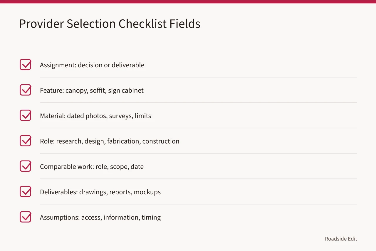 Checklist table listing ten provider selection fields and what to record (How to build a historic motel restoration provider selection checklist)