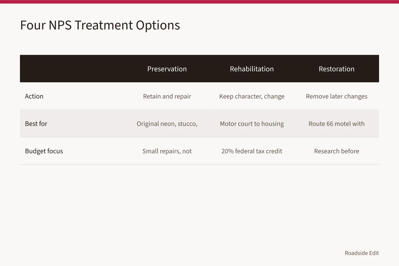 Comparison chart of four NPS historic treatment options for motels (Historic motel restoration options: set one scope before you compare 2027 budgets)