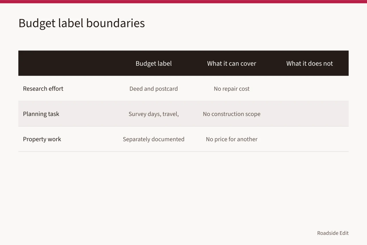 Comparison table of research, planning, and property work boundaries (Historic motel restoration planning budget notes: how to set a work plan boundary)
