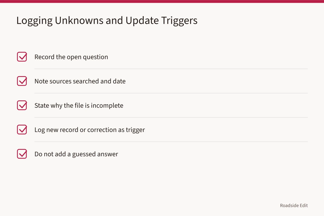 Checklist for logging unknowns and defining update triggers (Historic motel restoration planning: build the 2027 workflow before treatment talk)