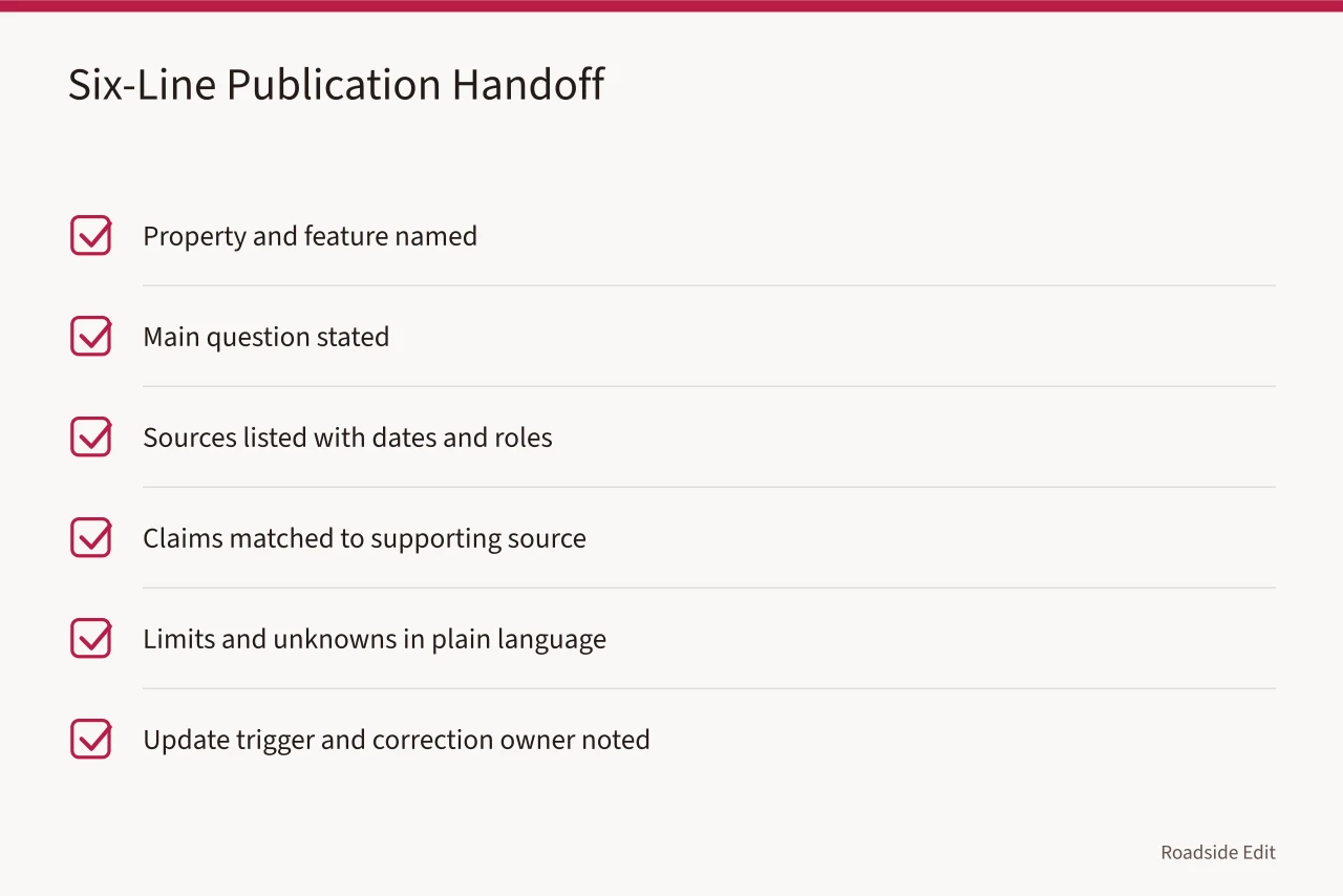 Six-line handoff checklist for editors approving a motel restoration article (Historic motel restoration planning: build the 2027 workflow before treatment talk)