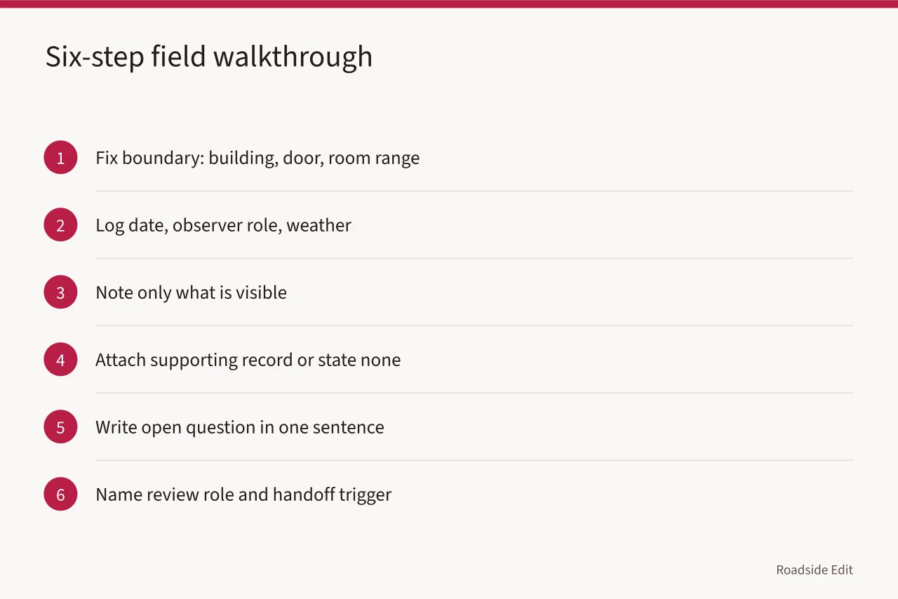 Six numbered steps for a historic motel field walk-through (Historic motel restoration safety checklist: how to scope 2027 observations and handoffs)