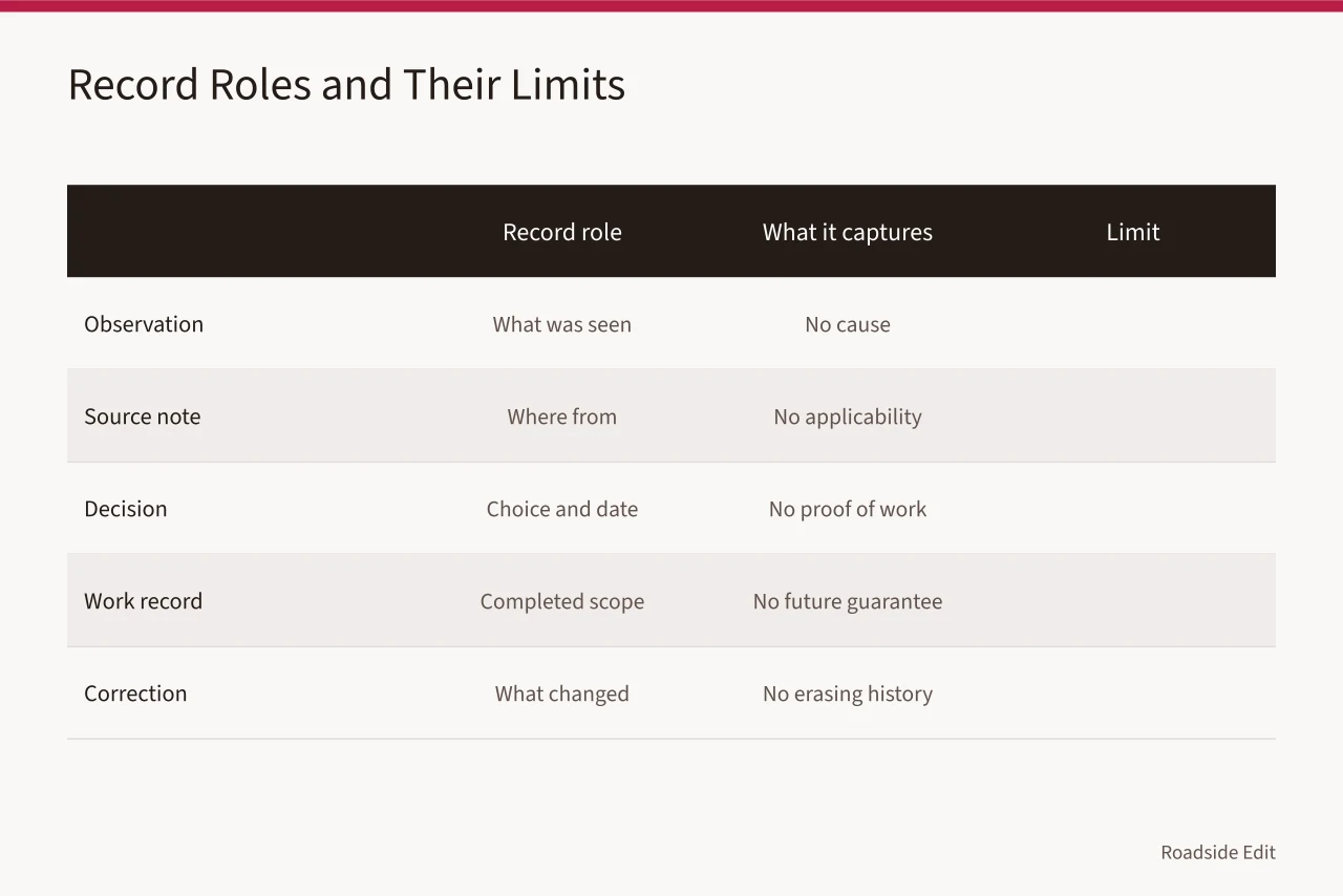 Table of five record roles with what each captures and its limit (How historic motel owners should keep 2027 safety records separate from decisions)