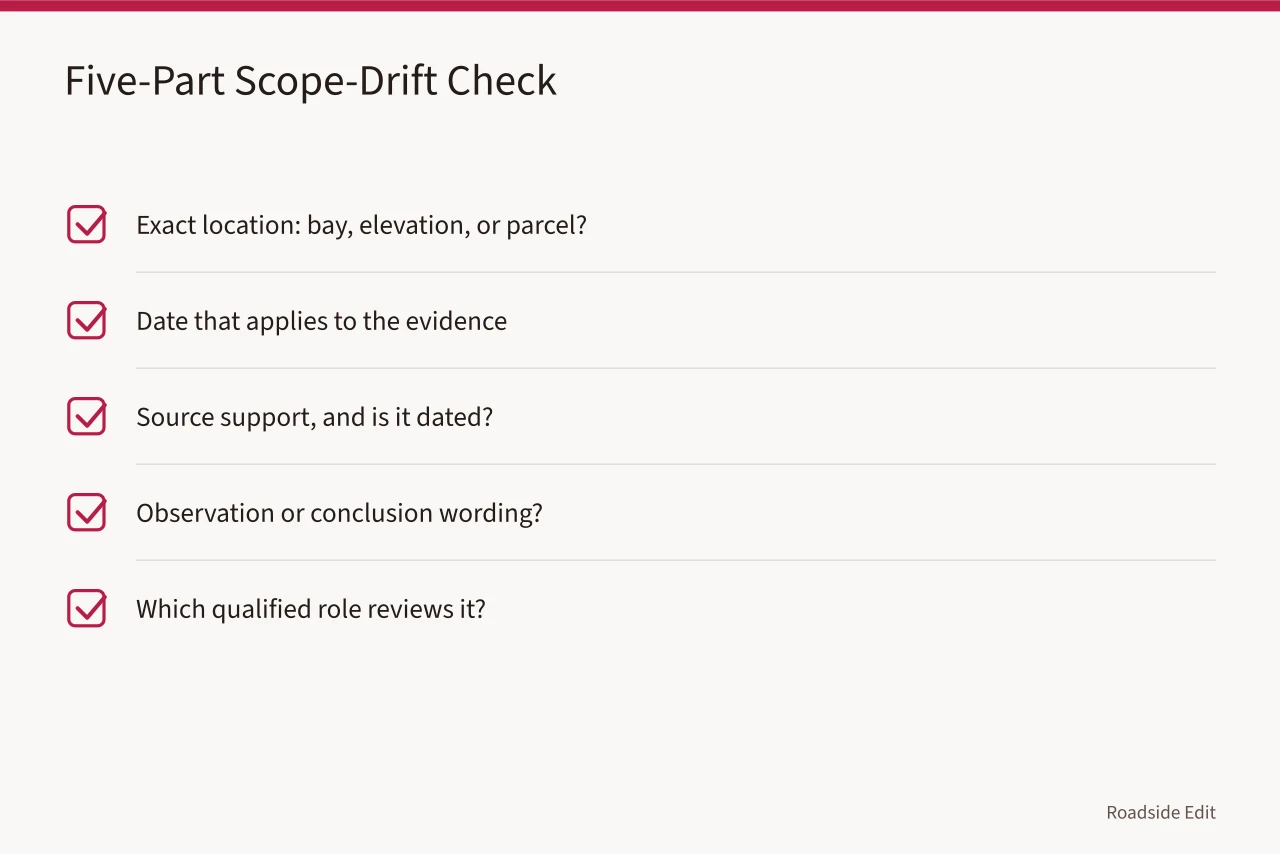 Checklist of five fields for testing a restoration sentence (Historic motel restoration safety checklist: warning signs to catch before 2027)