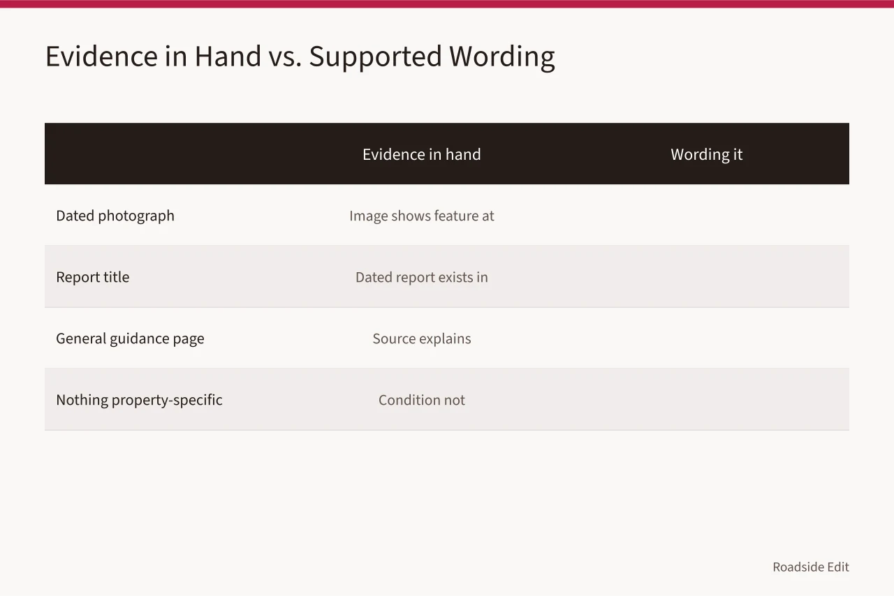 Table matching each evidence type to the wording it can support (Historic motel restoration safety checklist: warning signs to catch before 2027)