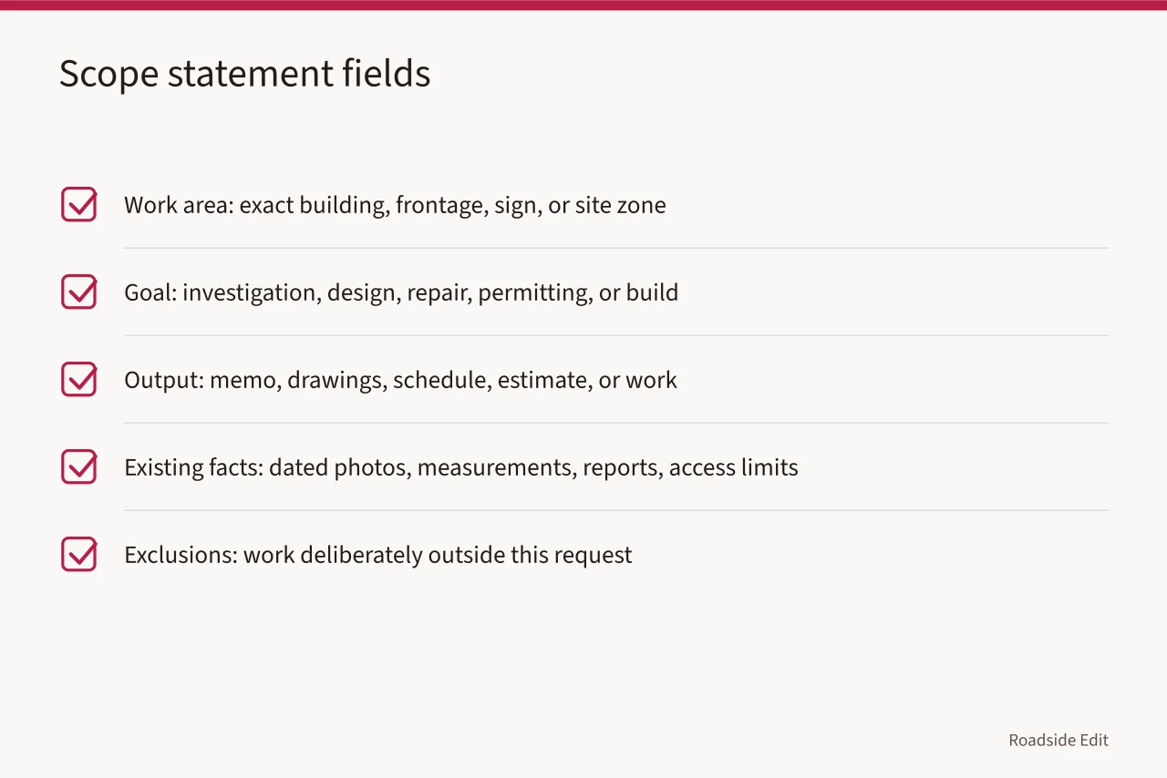 Checklist of five scope statement fields for roadside projects (How to build a modern roadside design cost planning scope checklist)