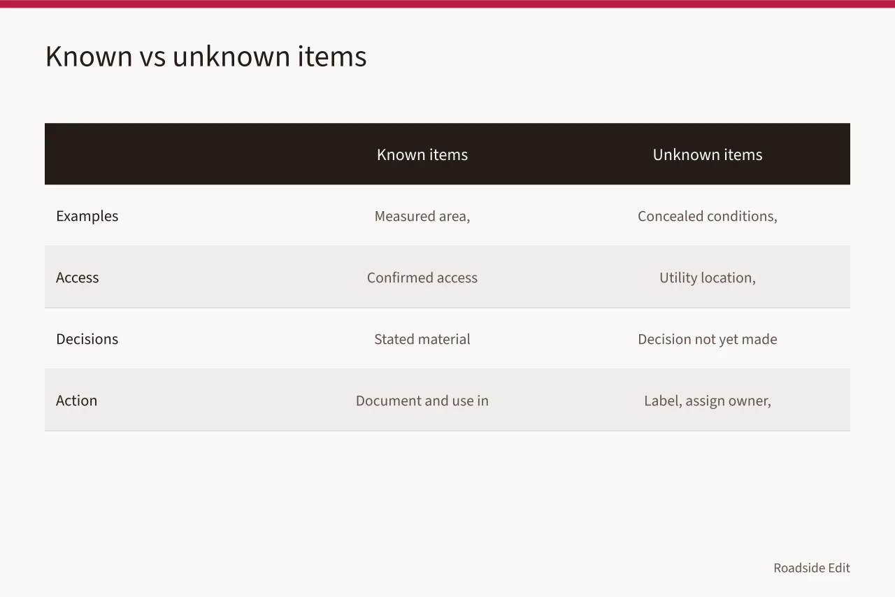 Comparison table of known and unknown scope items (How to build a modern roadside design cost planning scope checklist)