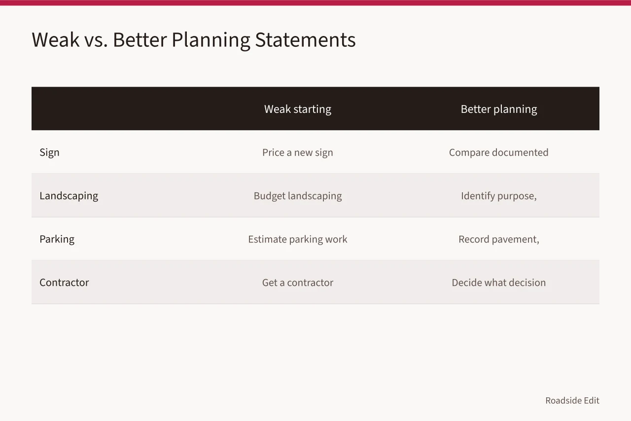 Table comparing weak cost requests with better planning statements (How modern roadside design cost planning works before you commit to a number)