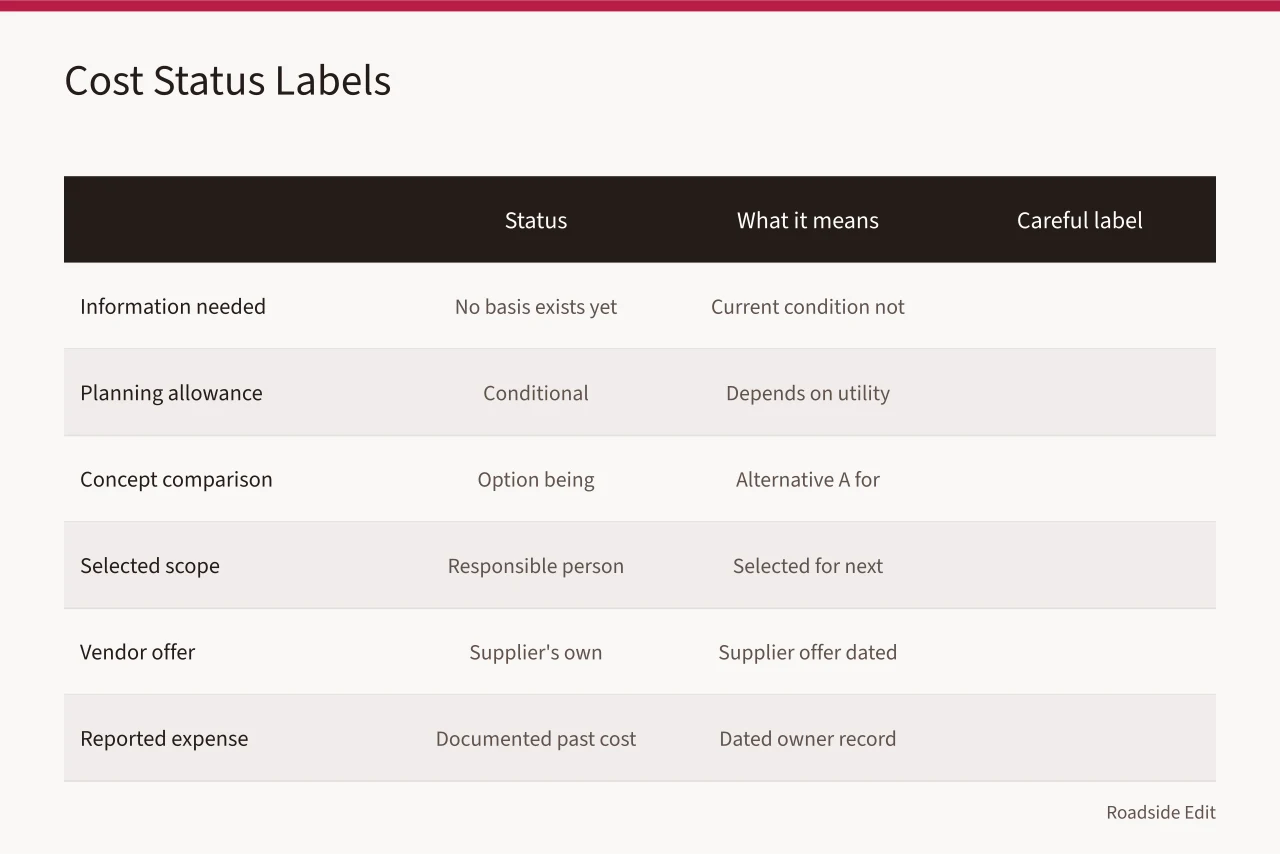 Table of six cost status labels with meanings and example labels (How modern roadside design cost planning works before you commit to a number)